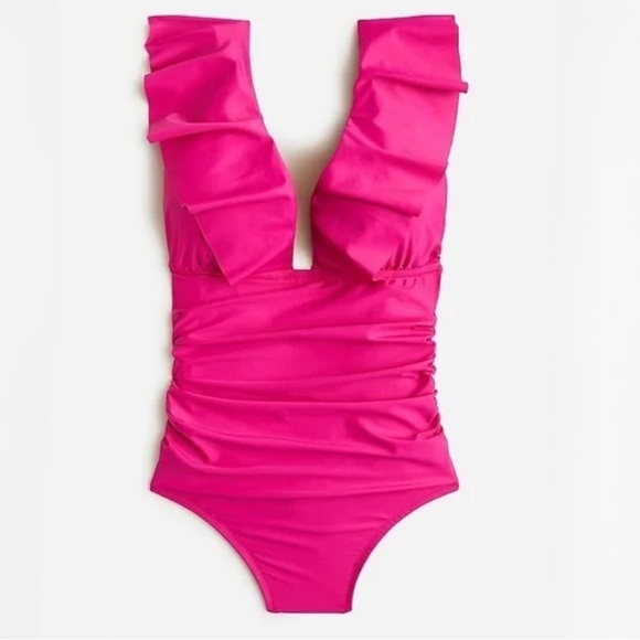 NWT J. Crew Ruched ruffle one-piece swimsuit in Radiant Fuchsia - Picture 2 of 8
